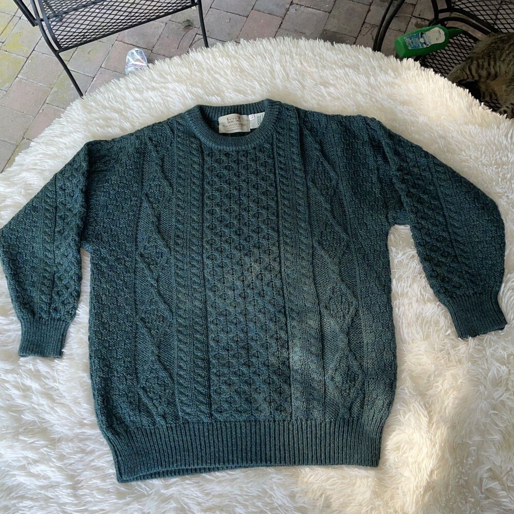 Aran Sweater Market Sweater Men L Green 100% Pure Wool Cable Knit Fisherman